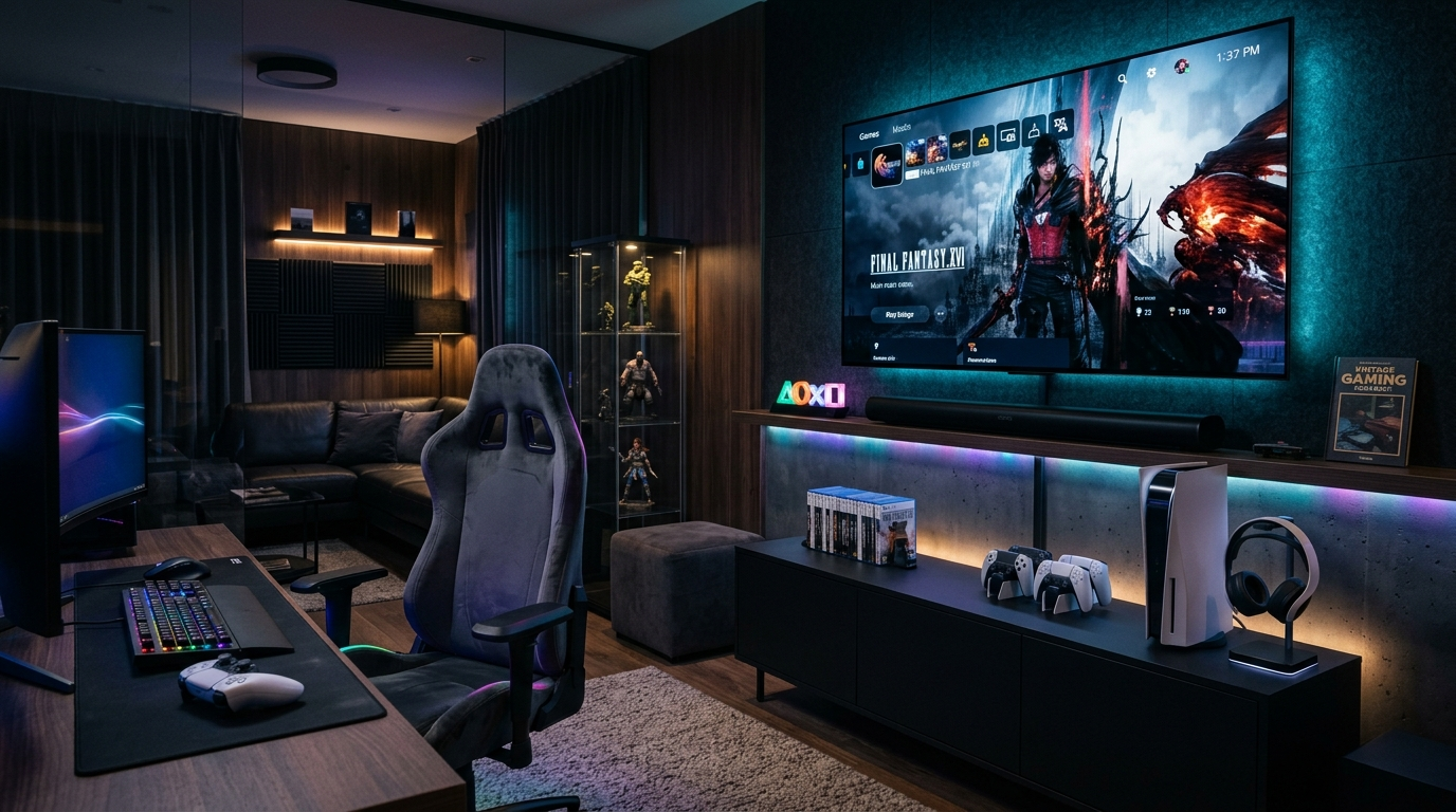 A modern PS5 gaming room with ambient blue lighting setup