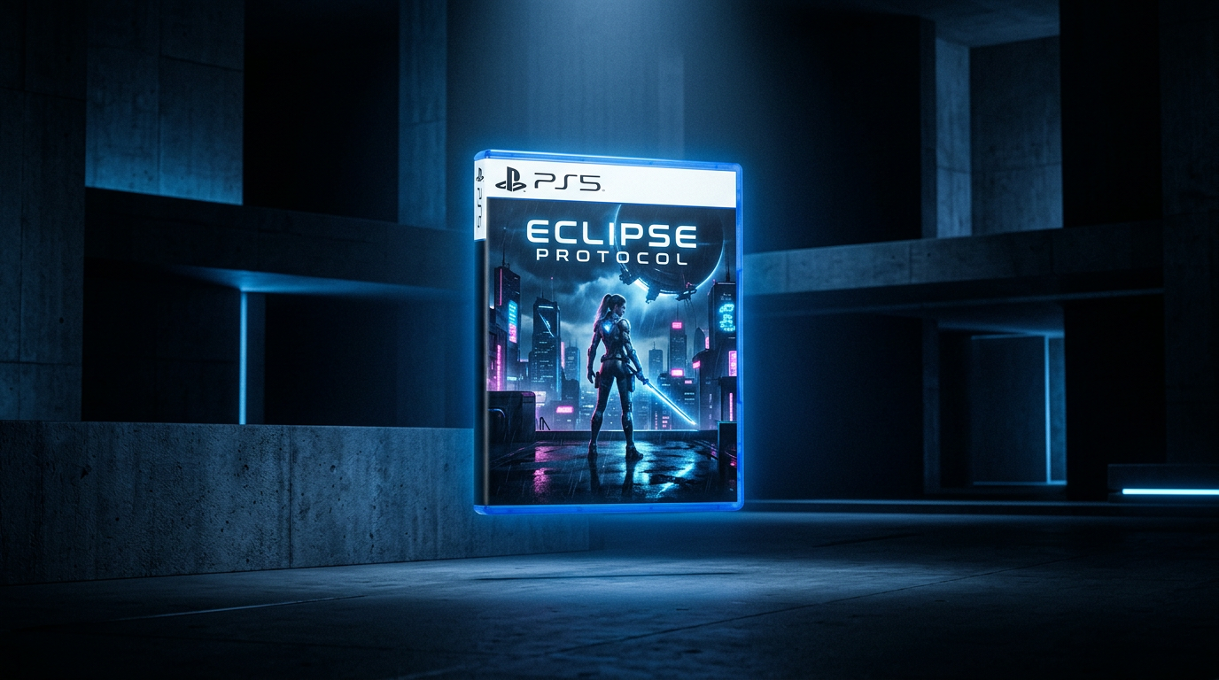A spotlight display showing a floating PS5 game box artwork with glowing blue lighting