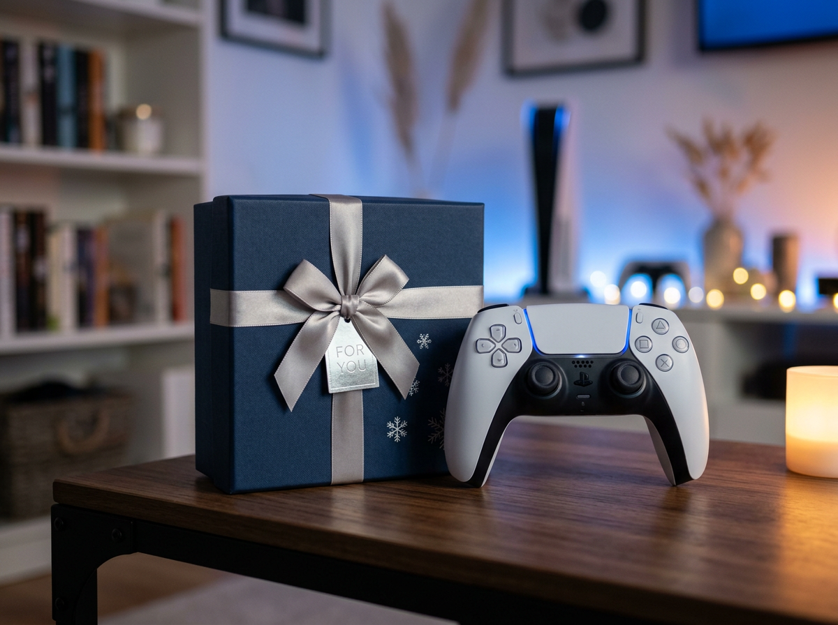 A gift box next to a PlayStation 5 controller with soft blue lighting