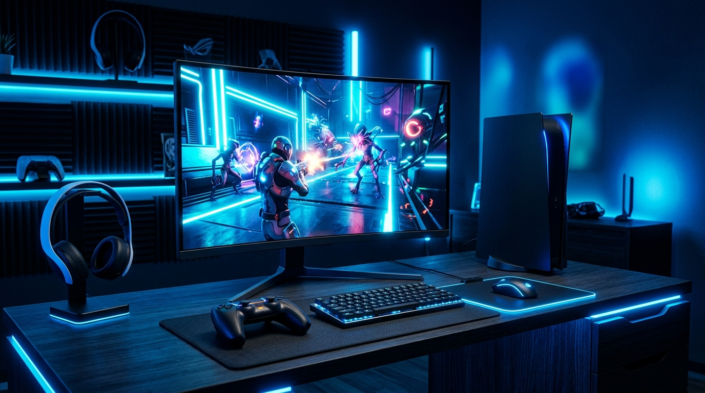 A PS5 console and controller glowing with blue ambient light in a modern gaming setup