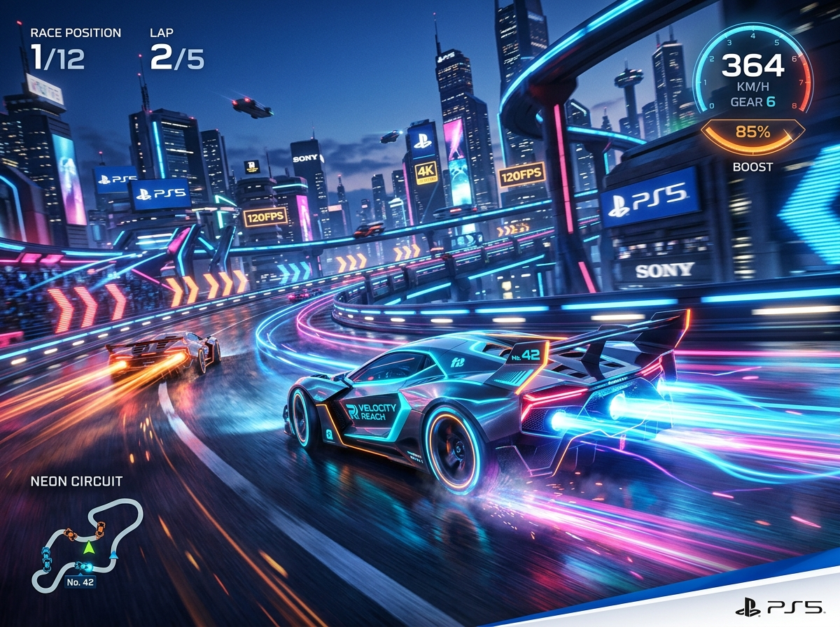 A high-speed racing game concept visual with glowing motion trails
